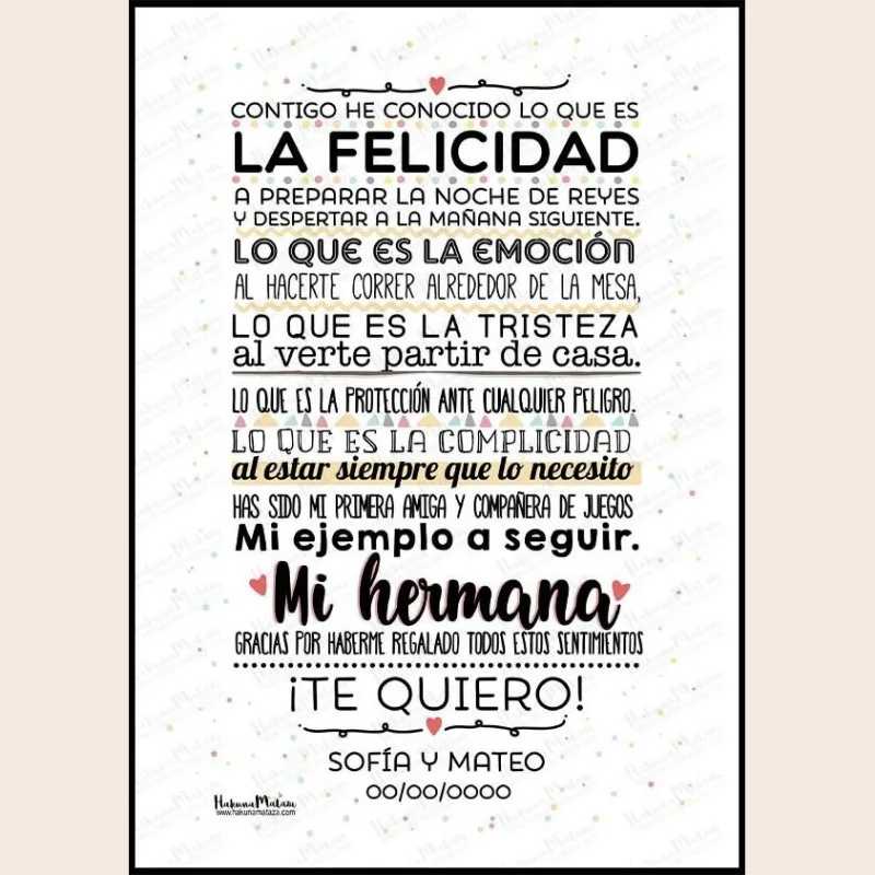 Lámina personalizada - Hermana contigo he conocido lo que es la felicidad · detalle
