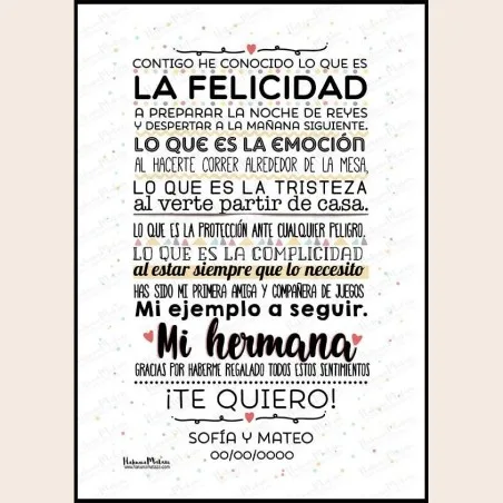 Lámina personalizada - Hermana contigo he conocido lo que es la felicidad · detalle