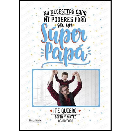 Diseño completo de la lámina personalizada con foto “Súper Papá”.