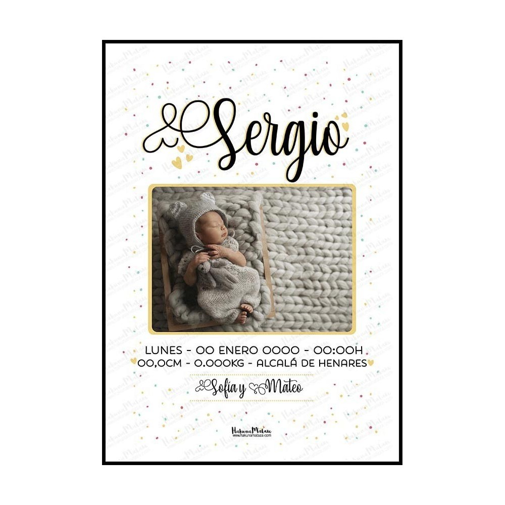 Lámina natalicio personalizada con foto - Nombre en grande con ornamentos