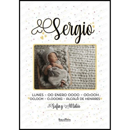 Lámina natalicio personalizada con foto - Nombre en grande con ornamentos Lámina natalicio personalizada con foto - Nombre en grande con ornamentos