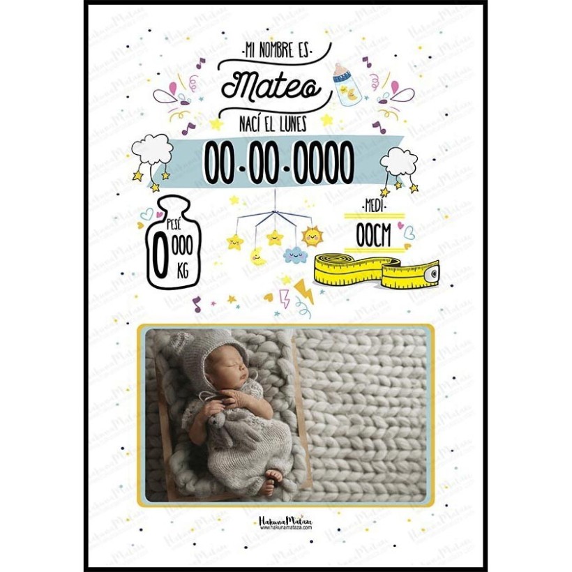 Lámina natalicio personalizada con foto - Datos del bebé...