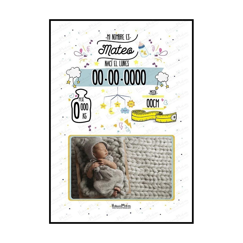 Lámina natalicio personalizada con foto - Datos del bebé con diseño infantil