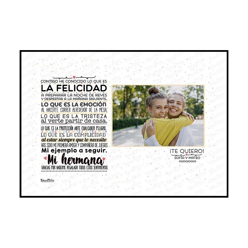 Detalle de la lámina con la frase "Hermana, contigo he conocido la verdadera amistad" y la foto personalizada