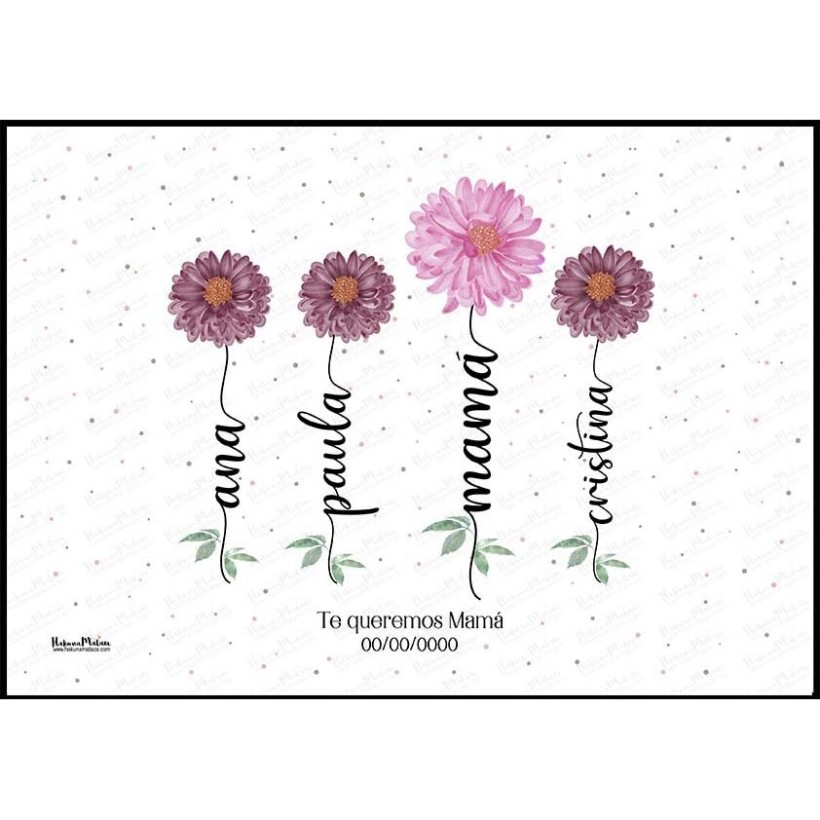 Detalle del diseño floral con los nombres de la familia