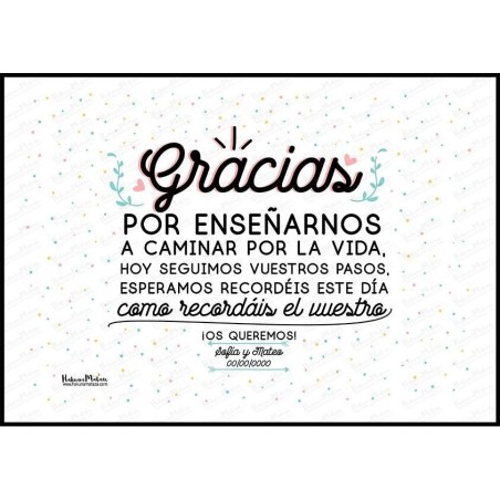 Diseño completo de la lámina personalizada “Gracias por enseñarnos a caminar por la vida”.