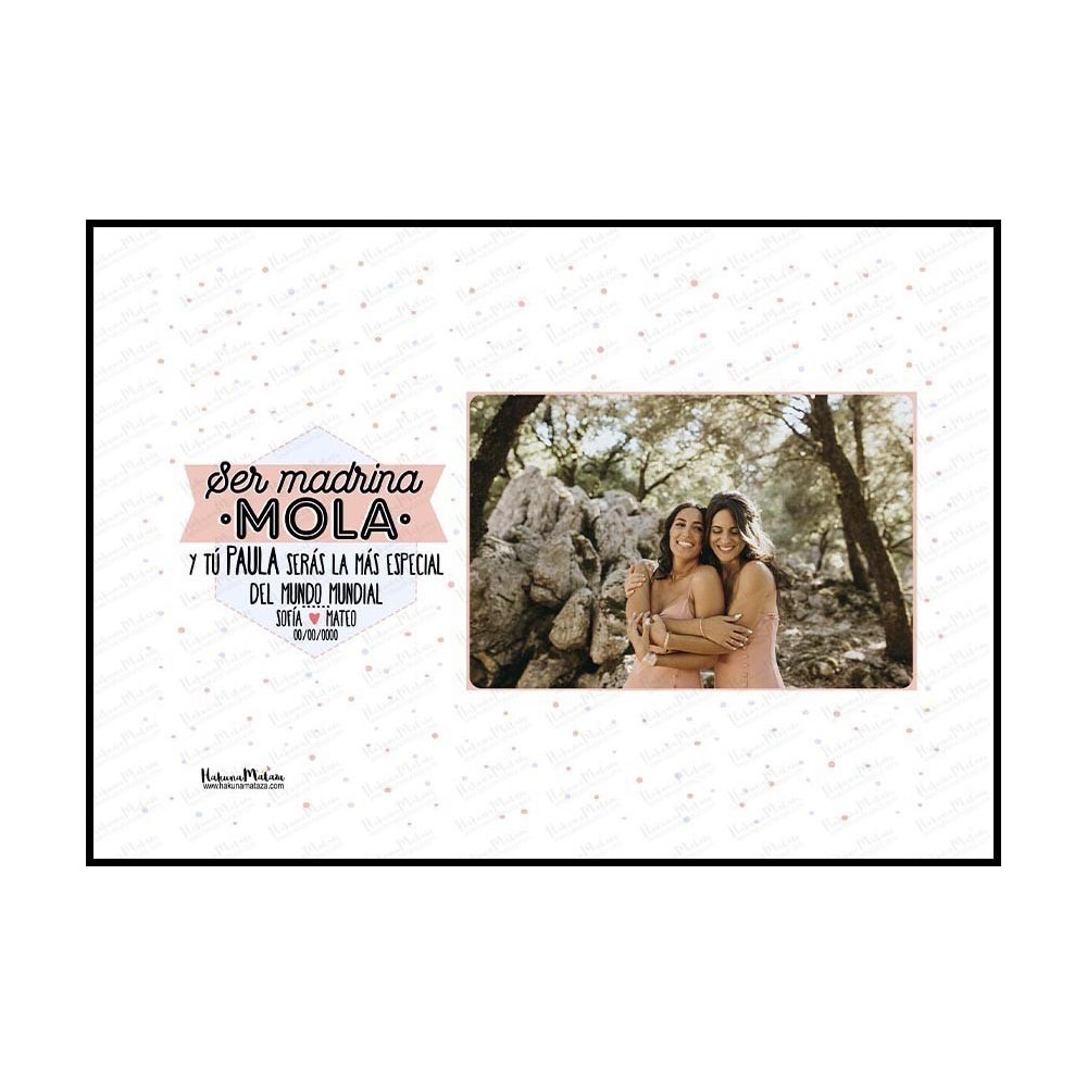 Detalle del diseño de la lámina "Ser madrina mola" con una foto de ejemplo.