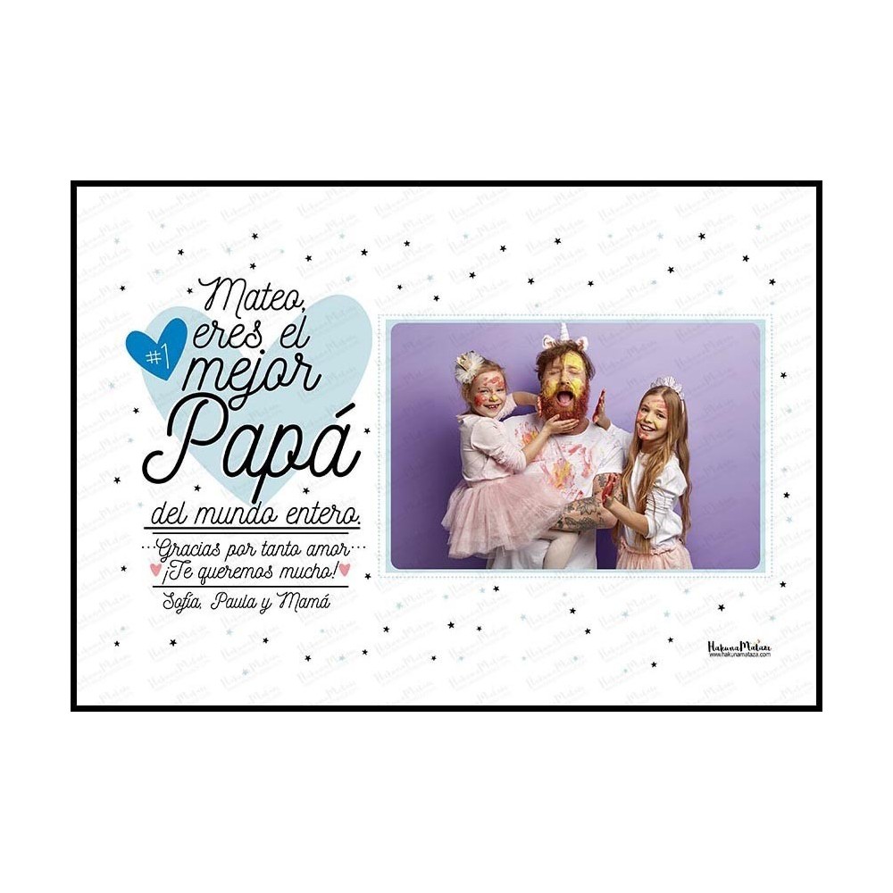 Diseño completo de la lámina personalizada con foto “Eres el mejor del mundo entero”.