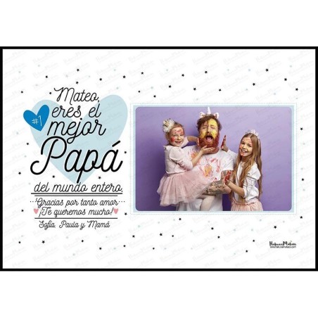 Diseño completo de la lámina personalizada con foto “Eres el mejor del mundo entero”.