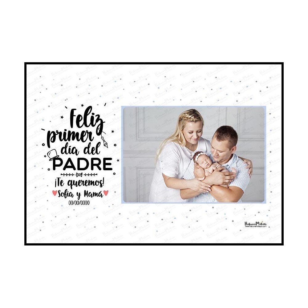 Diseño completo de la lámina personalizada con foto “Feliz primer Día del Padre”.