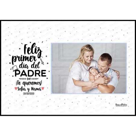 Diseño completo de la lámina personalizada con foto “Feliz primer Día del Padre”.
