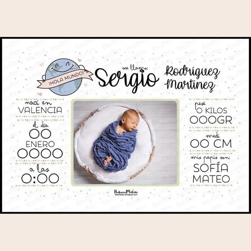 Lámina natalicio personalizada con foto - Hola mundo con foto y datos del bebé · ejemplo de personalización 2