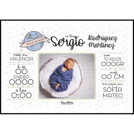 Lámina natalicio personalizada con foto - Hola mundo con foto y datos del bebé Lámina natalicio personalizada con foto - Hola mundo con foto y datos del bebé