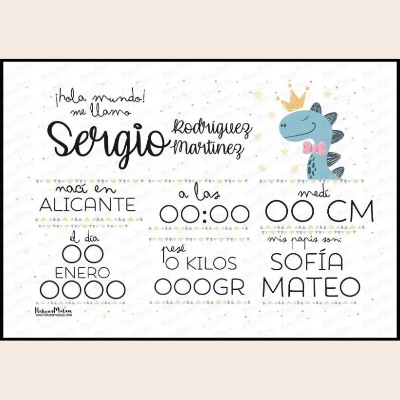 Lámina natalicio personalizada - Bienvenida al mundo dinosaurio · ejemplo de personalización 2
