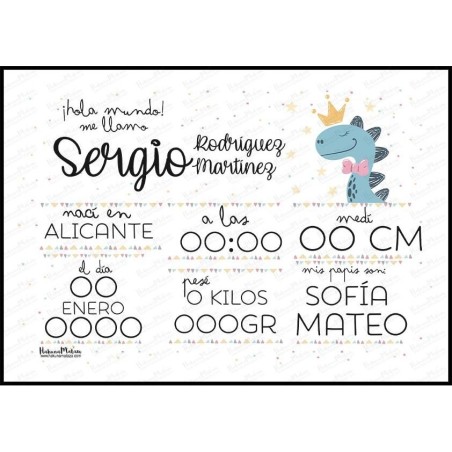 Lámina natalicio personalizada - Bienvenida al mundo dinosaurio Lámina natalicio personalizada - Bienvenida al mundo dinosaurio