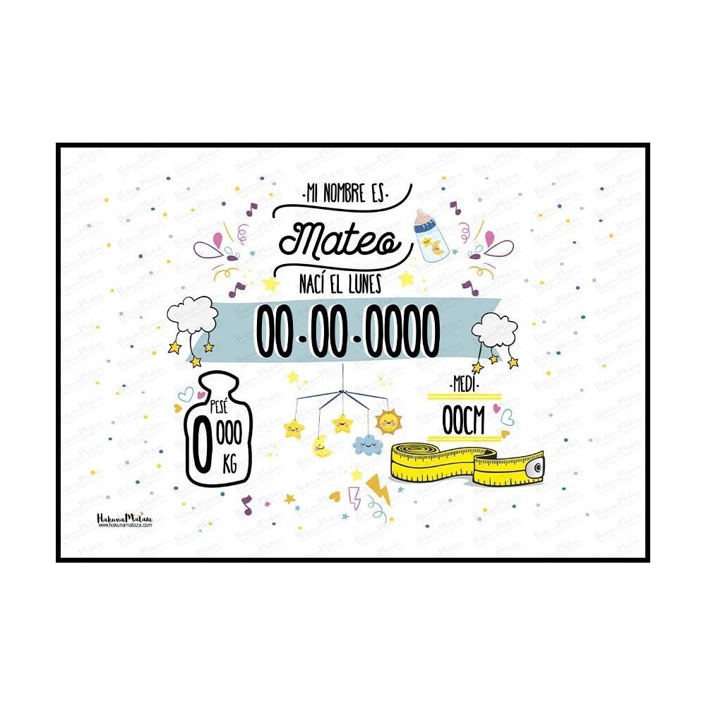 Lámina natalicio personalizada - Datos del bebé...