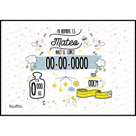 Lámina natalicio personalizada - Datos del bebé con diseño infantil