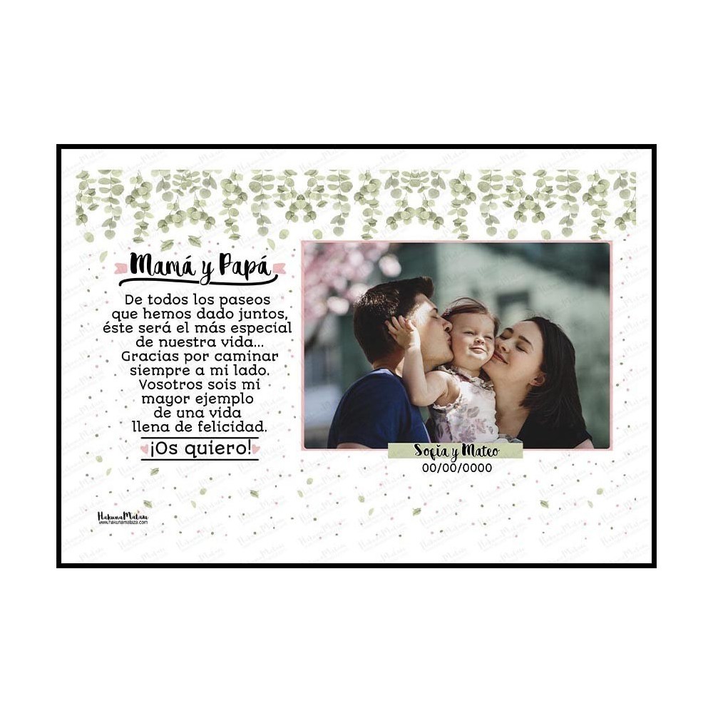 Diseño completo de la lámina personalizada con foto “Gracias por caminar siempre a mi lado”.