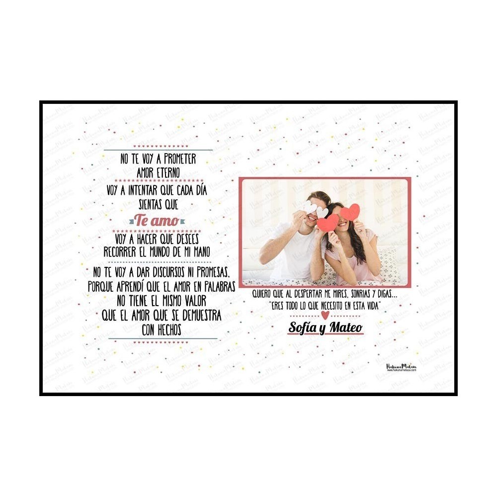 Diseño completo de la lámina personalizada con foto “No te voy a prometer”.