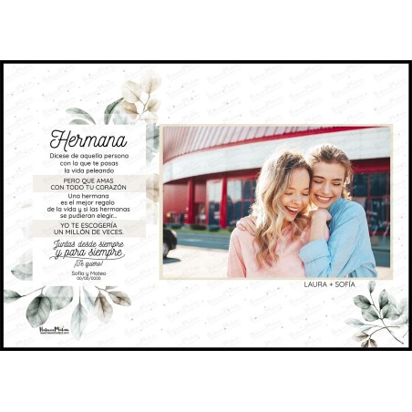 Diseño completo de la lámina personalizada con foto “Hermano / Hermana”.