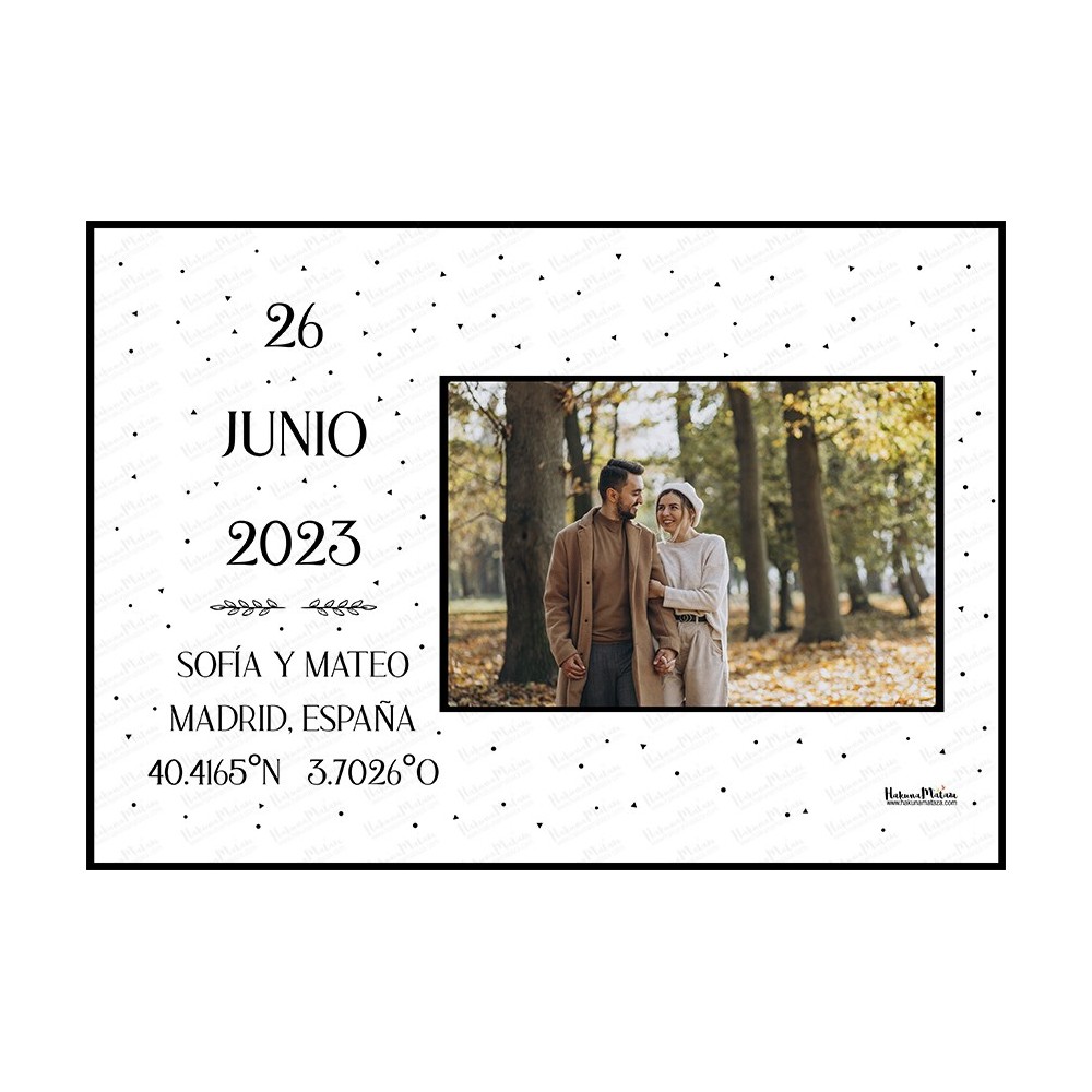 lámina personalizada con foto fecha nombres y coordenadas