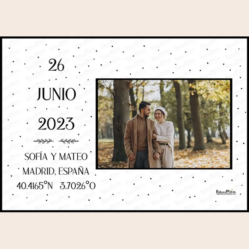 Lámina personalizada con foto fecha y coordenadas – El lugar donde empezó todo · detalle