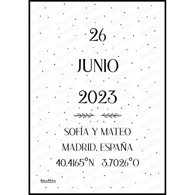 Diseño completo de la lámina personalizada con fecha, nombres y coordenadas