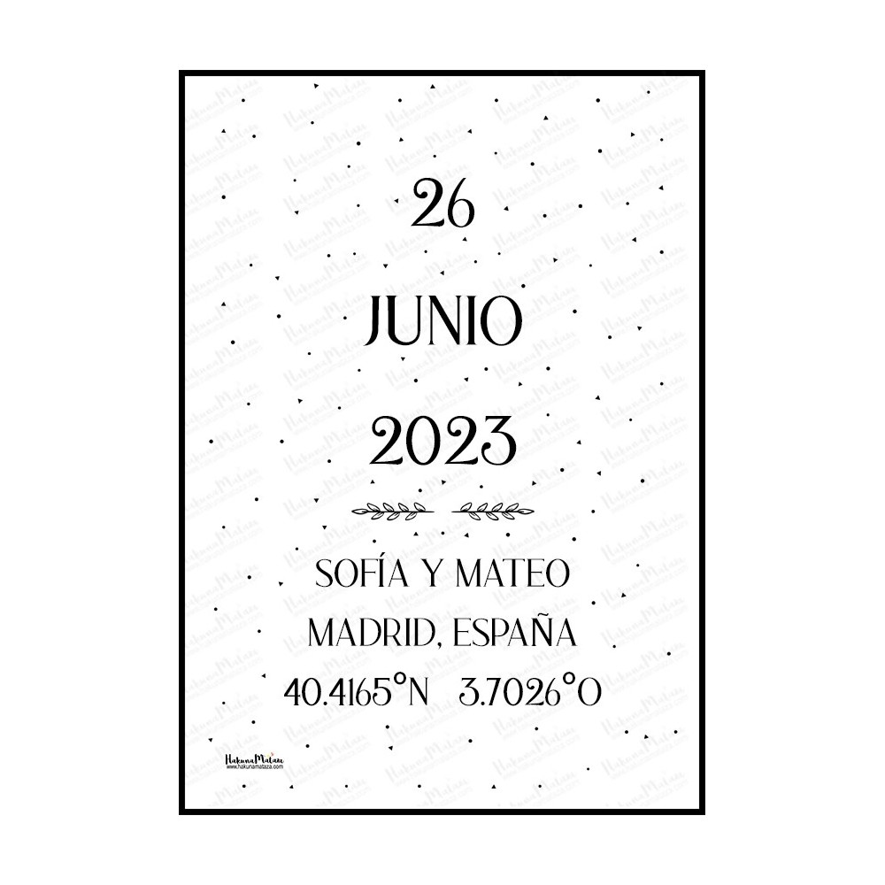 Diseño completo de la lámina personalizada con fecha, nombres y coordenadas