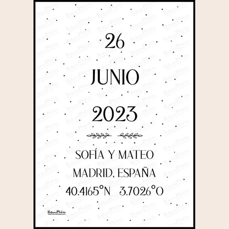 Lámina personalizada fecha y coordenadas – El lugar donde empezó todo · detalle