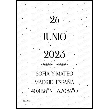 Diseño completo de la lámina personalizada con fecha, nombres y coordenadas