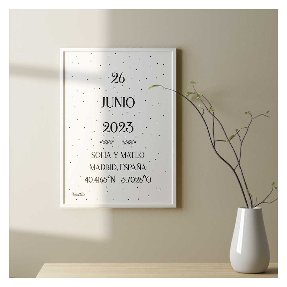lámina de pareja con coordenadas en marco blanco decoración