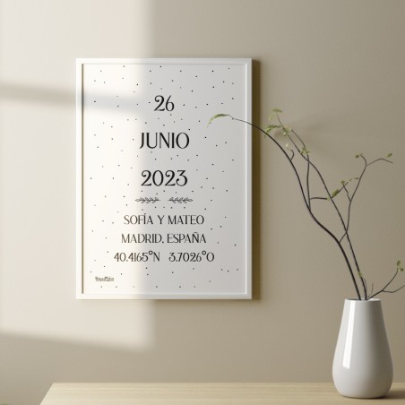 lámina de pareja con coordenadas en marco blanco decoración