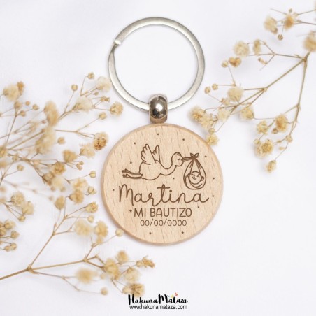 Llavero de madera - Cigüeña bautizo