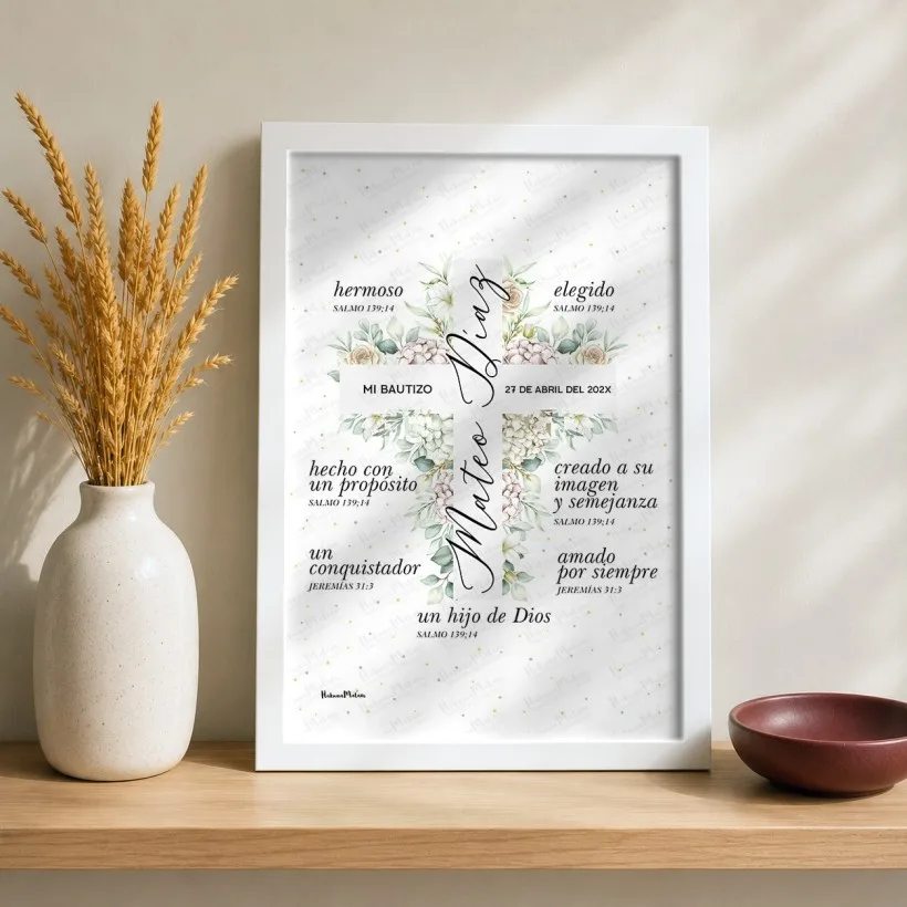 Lámina personalizada de bautizo- Cruz floral verde · detalle