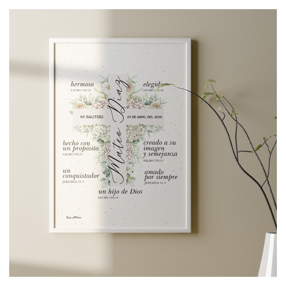 lámina de bautizo cruz floral verde en marco blanco decoración