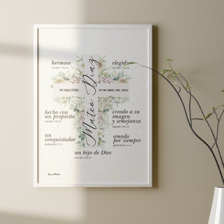 Lámina personalizada de bautizo- Cruz floral verde Lámina personalizada de bautizo- Cruz floral verde