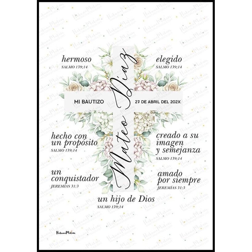 lámina de bautizo personalizada cruz floral verde con nombre y fecha
