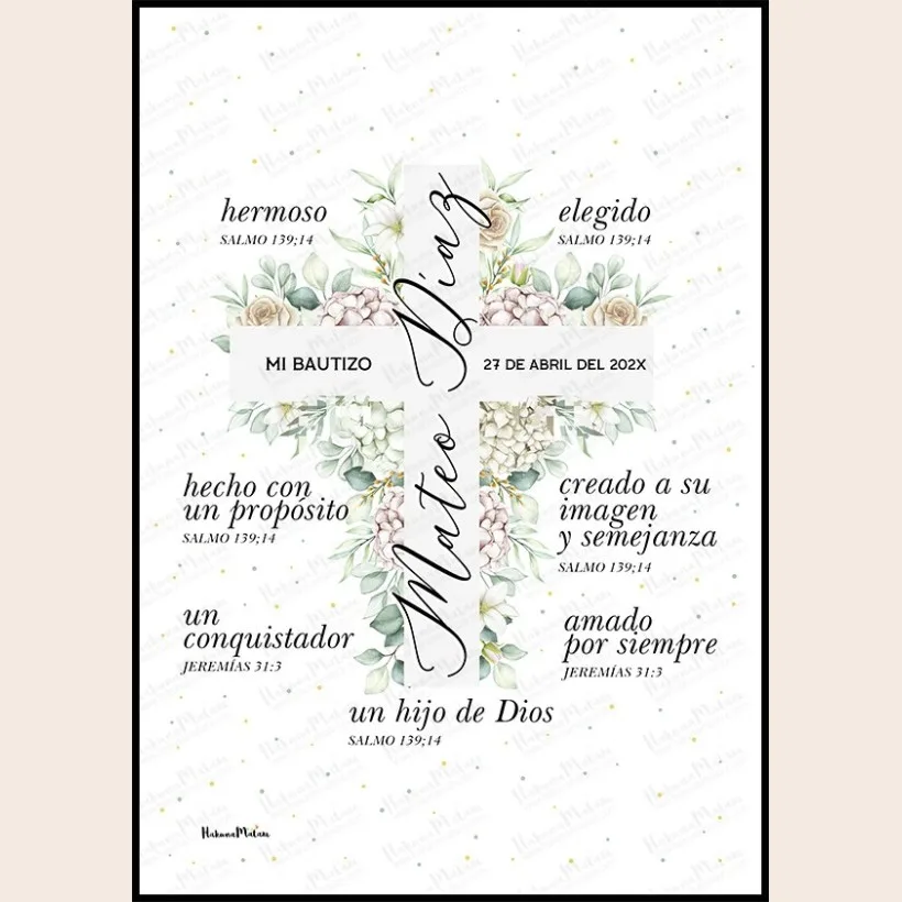 Lámina personalizada de bautizo- Cruz floral verde · detalle 2