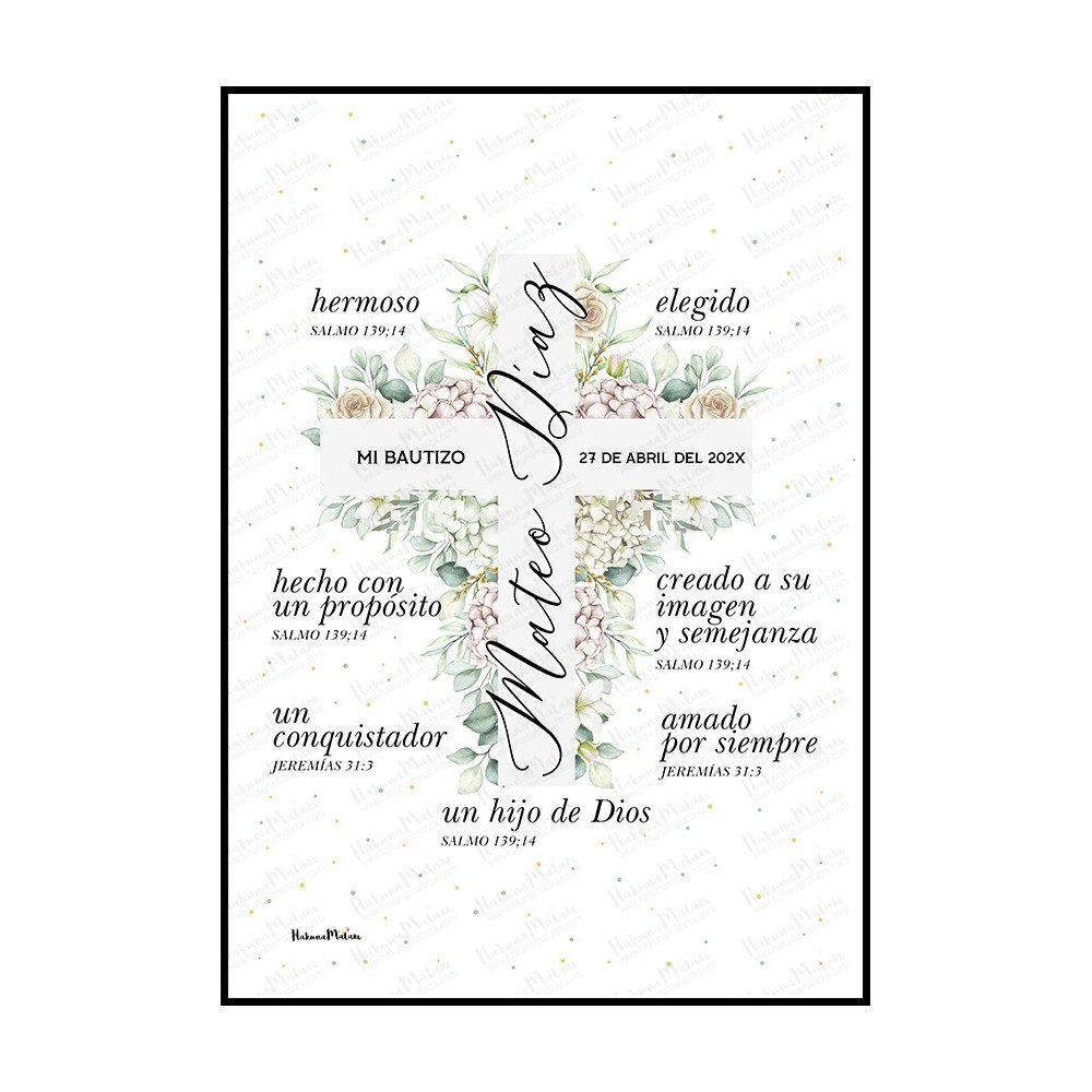 lámina de bautizo personalizada cruz floral verde con nombre y fecha