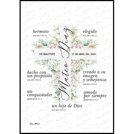lámina de bautizo personalizada cruz floral verde con nombre y fecha