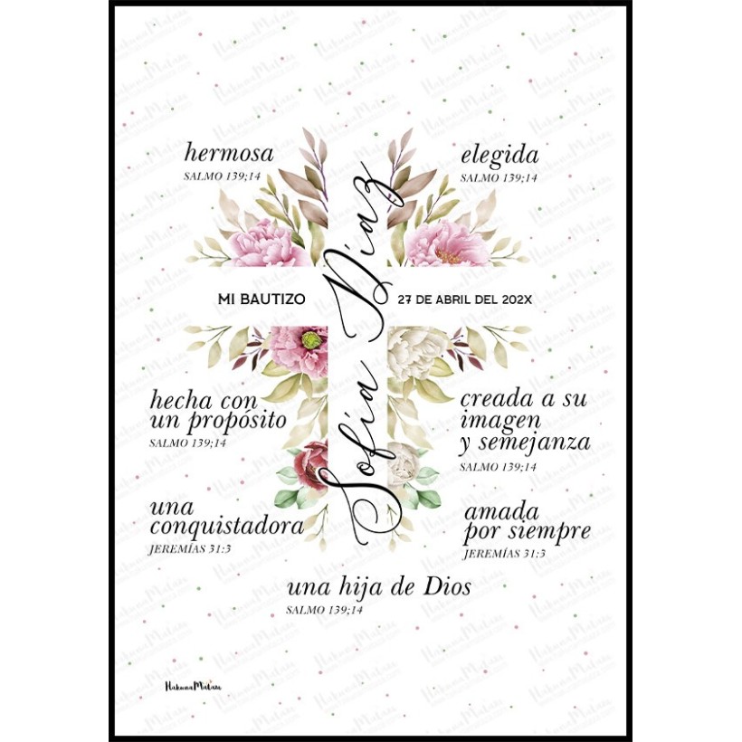 lámina de bautizo personalizada cruz floral rosa con nombre y fecha