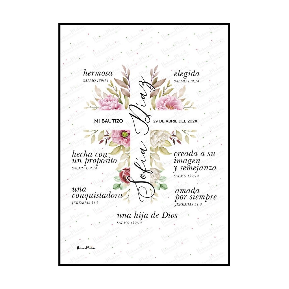 lámina de bautizo personalizada cruz floral rosa con nombre y fecha