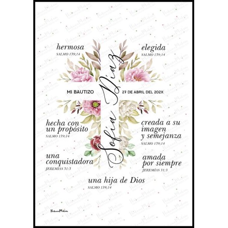 lámina de bautizo personalizada cruz floral rosa con nombre y fecha
