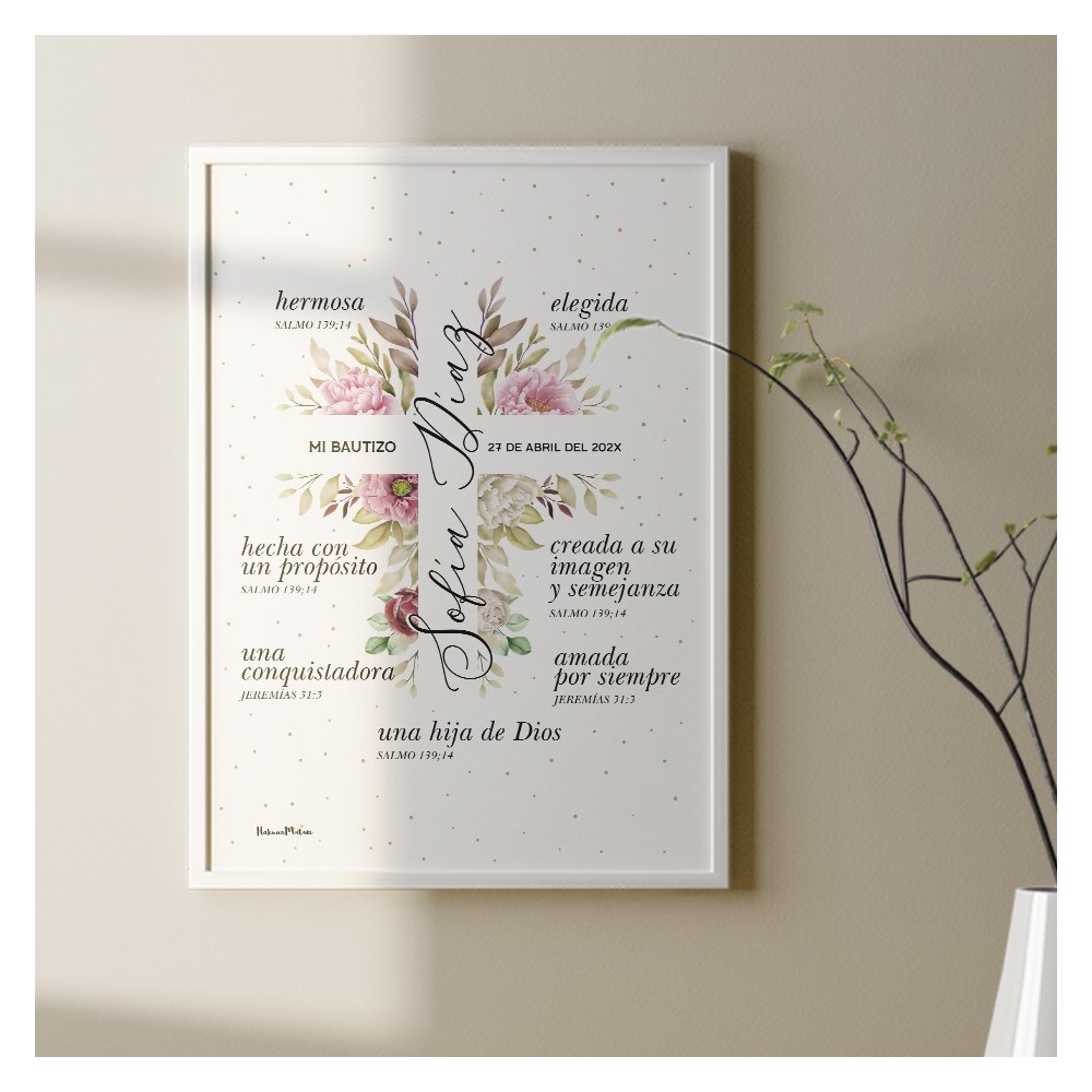 lámina de bautizo cruz floral rosa en marco blanco decoración