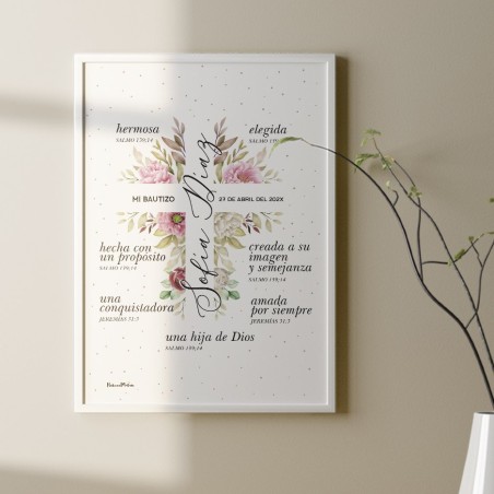 lámina de bautizo cruz floral rosa en marco blanco decoración lámina de bautizo cruz floral rosa en marco blanco decoración