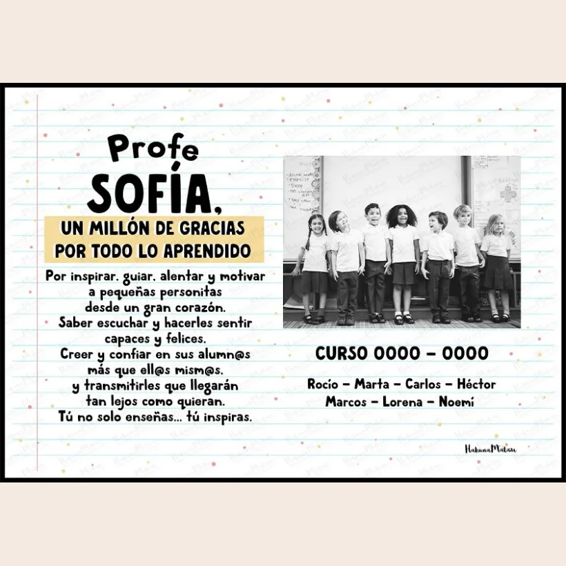 Lámina personalizada con foto para profe – Un millón de gracias por todo lo aprendido | Hakuna Mataza 2