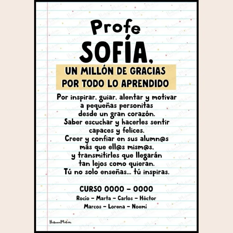 Lámina personalizada para profe – Un millón de gracias por todo lo aprendido | Hakuna Mataza 2