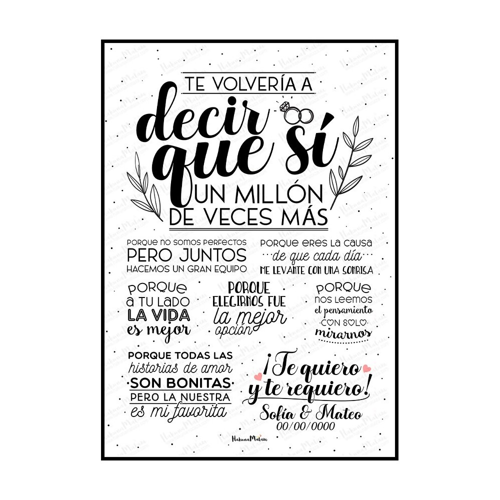 Lámina personalizada Te volvería a decir que sí con nombres y fecha
