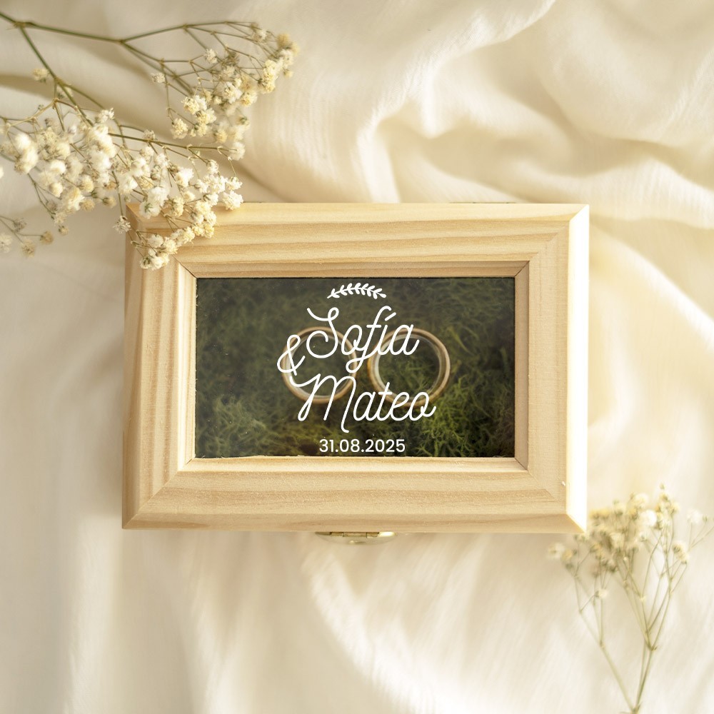 Caja porta alianzas de madera con tapa de cristal