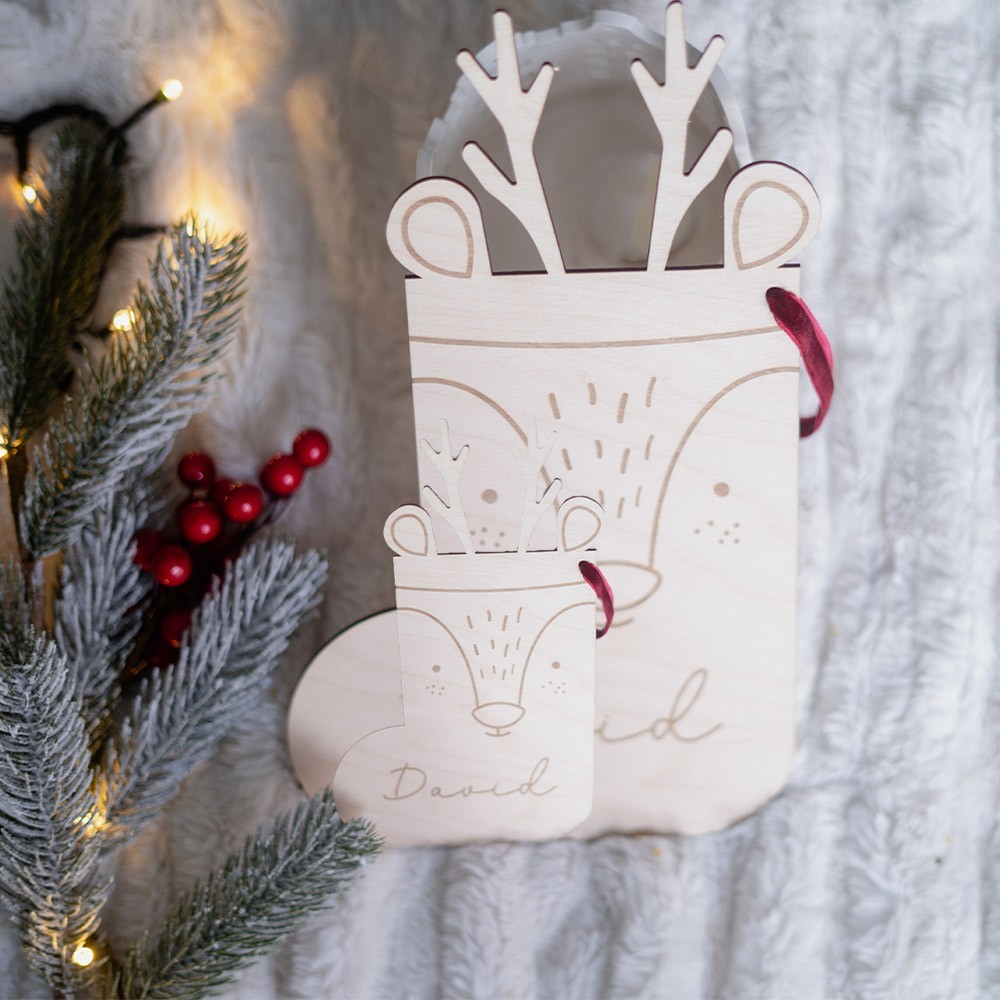 Calcetín Navidad chimenea reno de madera